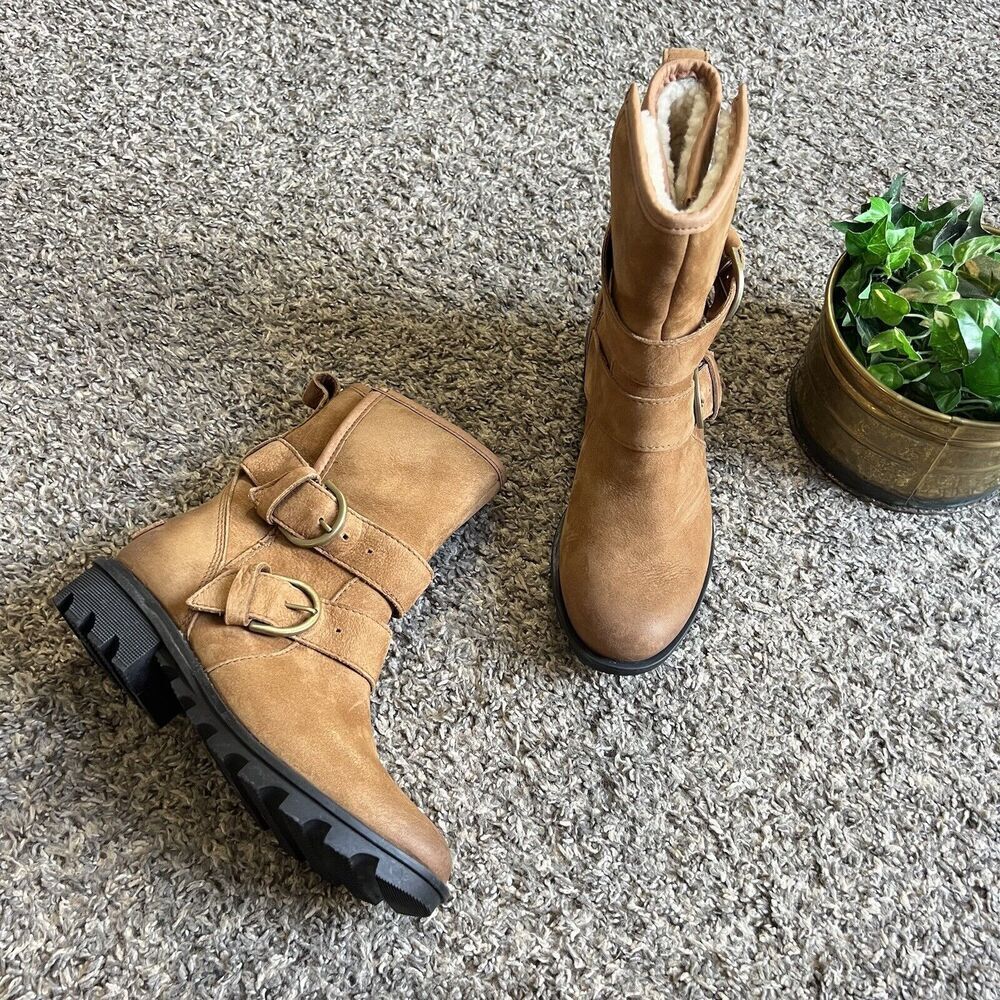 Sorel Womens Camel Suede Leather Phoenix Boots Moto Waterproof Buckle 5.5 New